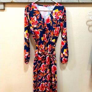 Floral Long Sleeve Dress Sz S Navy Long Dress Long Sleeves Elastic Waist